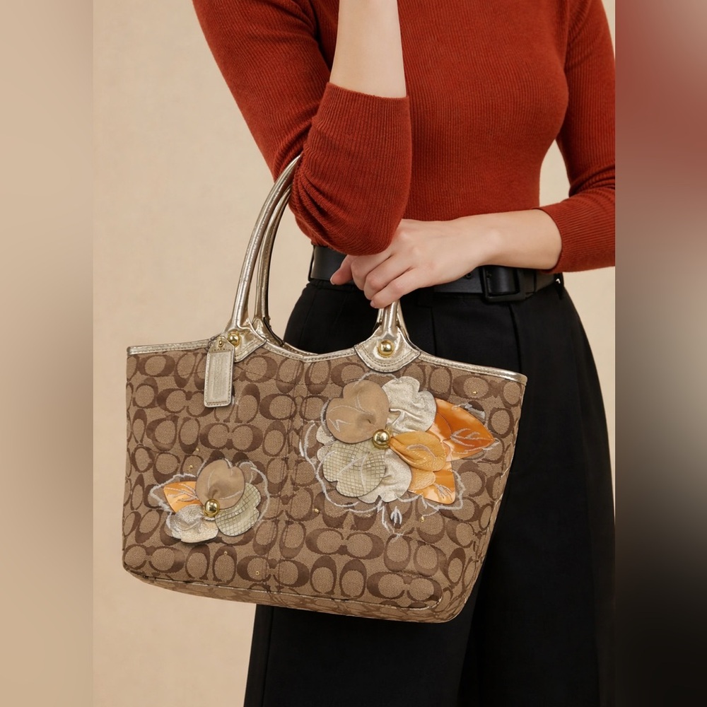 Coach Signature C Monogram Floral Tote Bag Gold Metallic Leather Trim